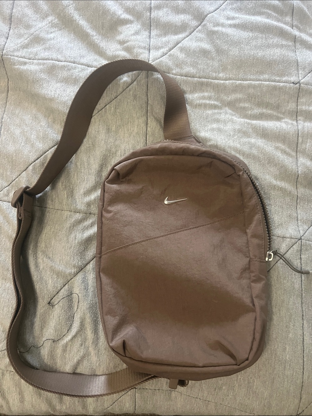 Nike Brown Nylon Sling Bag with Silver Swoosh